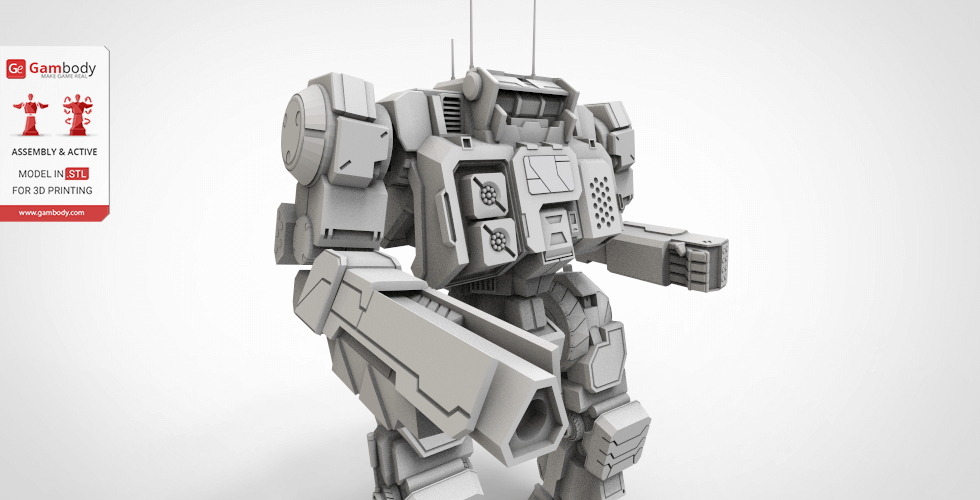 A detailed 3D model of a mech robot with heavy armor and weaponry, designed for 3D printing.