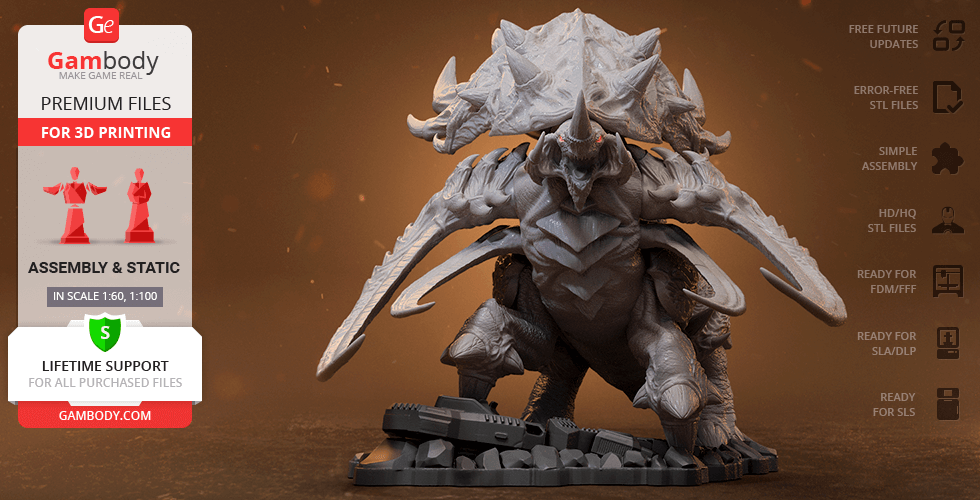 A 3D printed StarCraft Ultralisk model with armored plating and large tusks, showcased on a base.