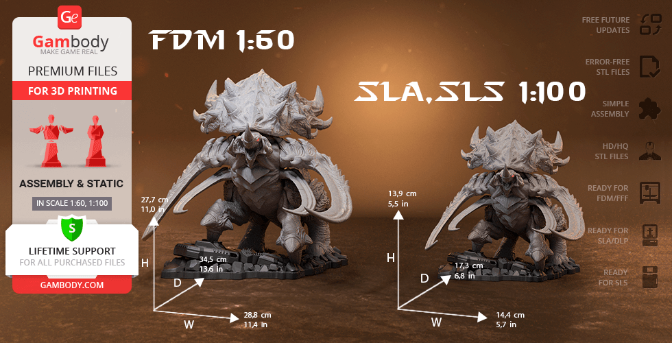 3D model of a StarCraft Ultralisk, showcasing FDM and SLA/SLS printing sizes and details.