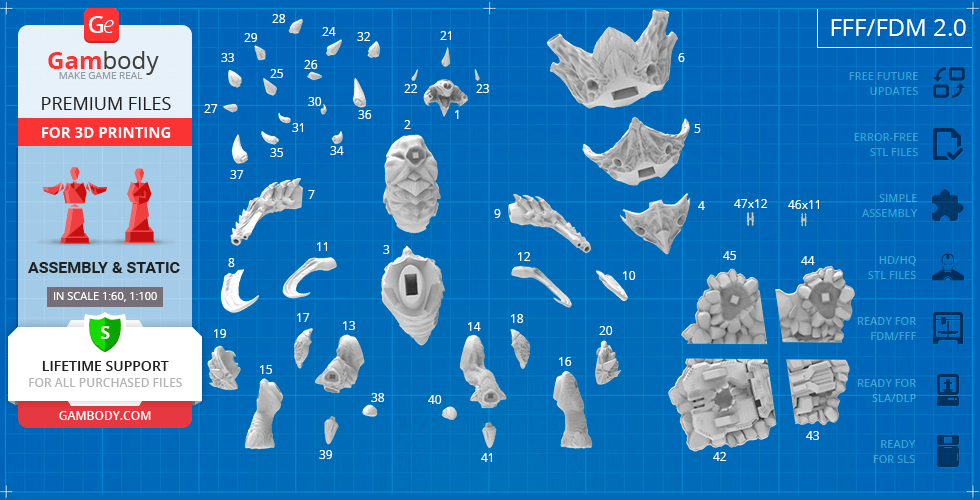 Various 3D-printable STL parts for assembling a StarCraft Ultralisk model.