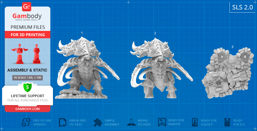 A detailed 3D model of a StarCraft Ultralisk on a display base, designed for 3D printing.