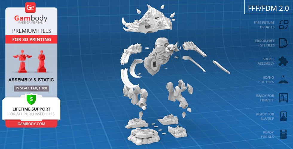 A 3D printed Ultralisk model from StarCraft in assembly pieces, showcased on a blue grid background.