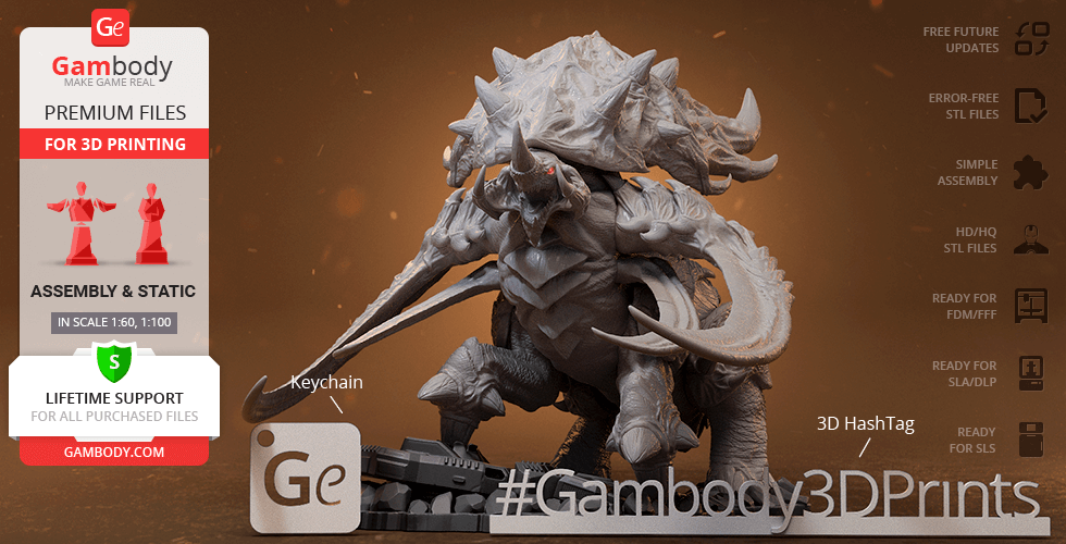 A detailed 3D model of a StarCraft Ultralisk, ready for printing, shown on a promotional background.