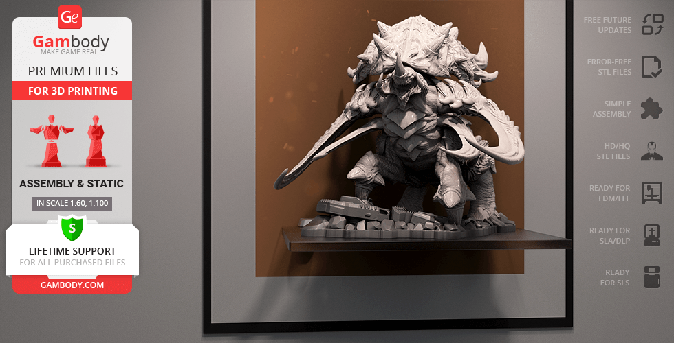 A detailed 3D model of the StarCraft Ultralisk displayed for 3D printing, showcasing intricate textures.