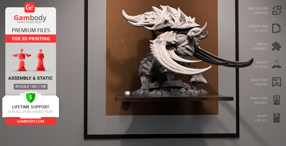 3D model of a StarCraft Ultralisk with large tusks and detailed armor, designed for 3D printing.