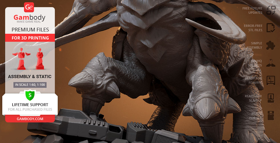 A detailed 3D model of an Ultralisk from StarCraft, suitable for 3D printing, showcased by Gambody.