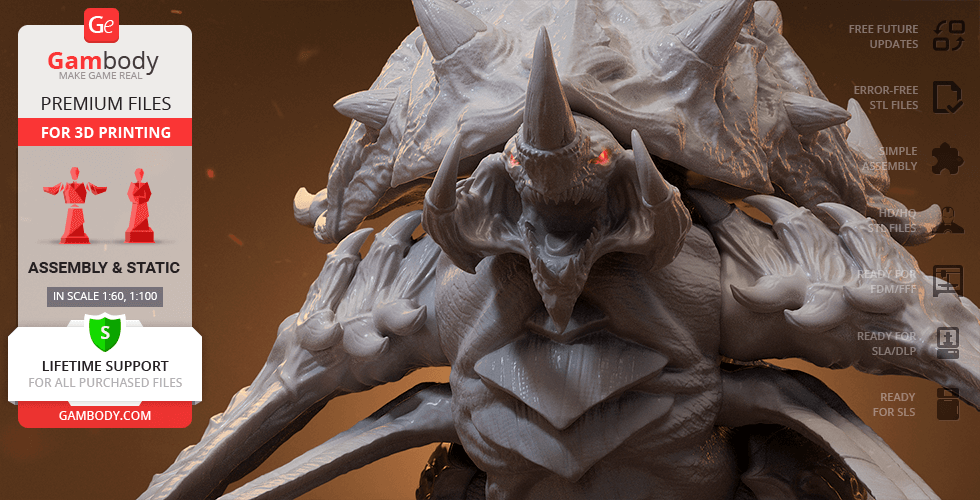 A detailed 3D model of a StarCraft Ultralisk, ready for 3D printing, showcased by Gambody.