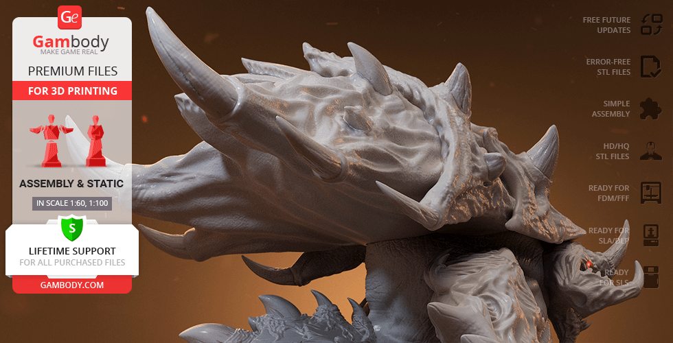 A detailed 3D model of a StarCraft Ultralisk with prominent tusks and armored plating, ready for 3D printing.