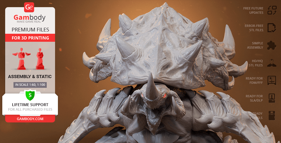 3D model of a StarCraft Ultralisk with detailed armor and spikes, ready for printing from Gambody.