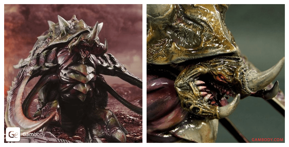 A fierce, armored alien creature with tusks and a spiked shell, ready for 3D printing.