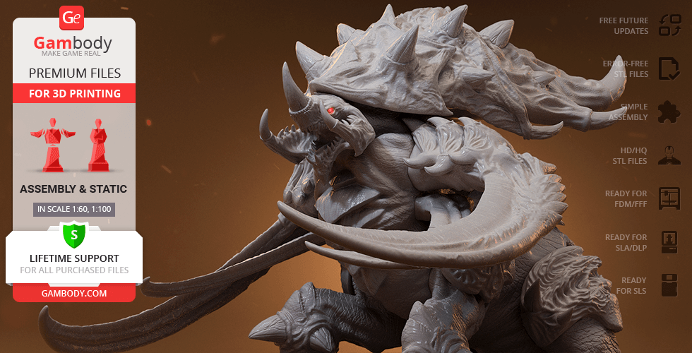 3D model of a StarCraft Ultralisk with large tusks and armored plating, designed for 3D printing.