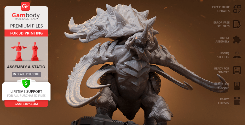 A detailed 3D model of an Ultralisk from StarCraft, designed for 3D printing, with visible tusks and armor.