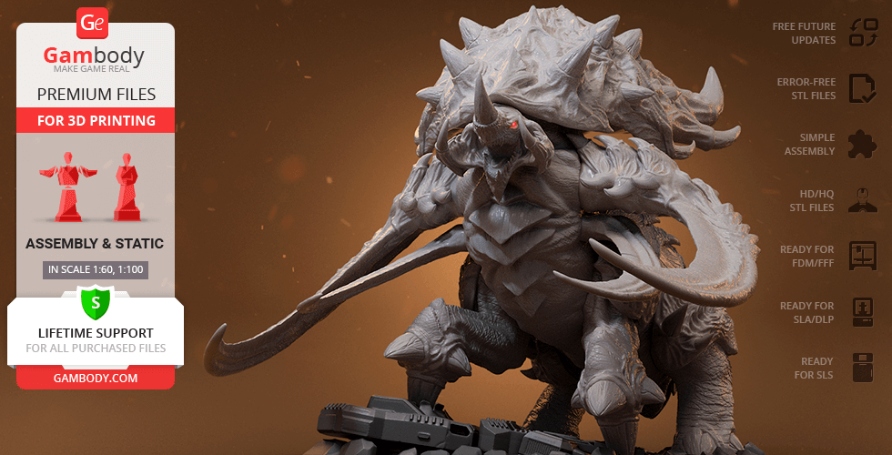 A detailed 3D model of a StarCraft Ultralisk, showcasing its armored body and large tusks, ready for printing.