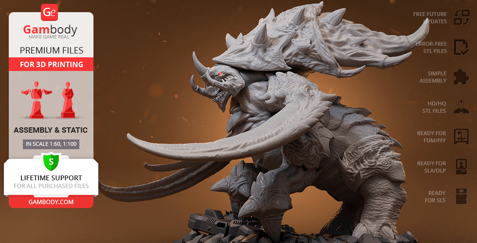 A detailed 3D model of a StarCraft Ultralisk creature, with elaborate armor and large tusks, ready for 3D printing.