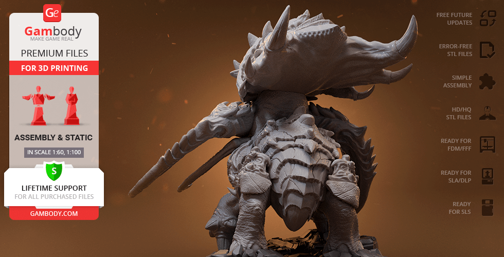 A detailed 3D model of a StarCraft Ultralisk for printing, showcasing textured armor and tusks.
