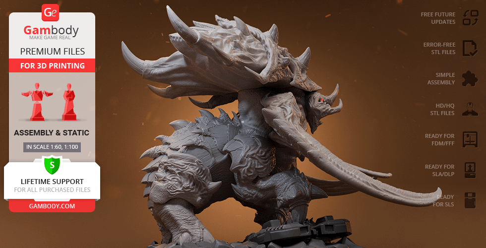 A detailed 3D model of a StarCraft Ultralisk with large tusks and armor, ready for 3D printing.
