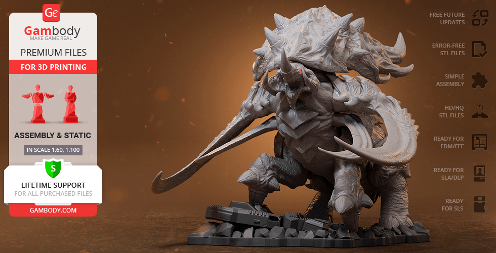 A detailed 3D model of a StarCraft Ultralisk on a base, suitable for 3D printing.