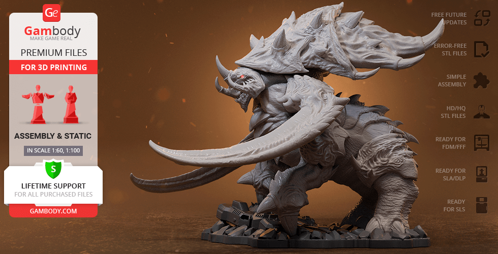 A detailed 3D model of a StarCraft Ultralisk with large tusks and armored plates, designed for 3D printing.