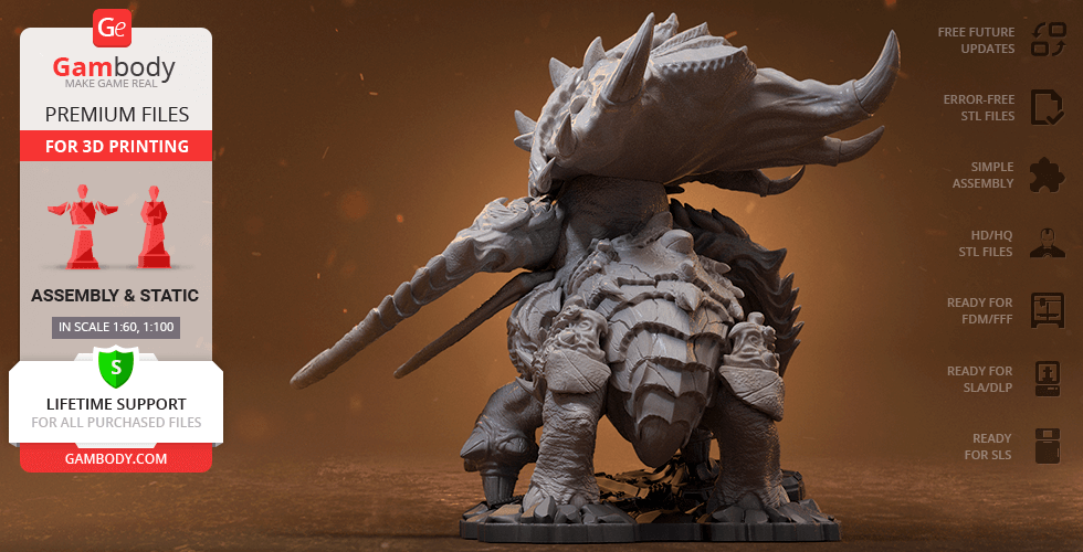 A detailed 3D model of a StarCraft Ultralisk, designed for 3D printing, shown on a brown background.