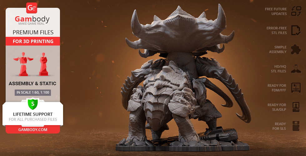 A detailed 3D model of a StarCraft Ultralisk, showcasing intricate textures and large tusks, ready for printing.