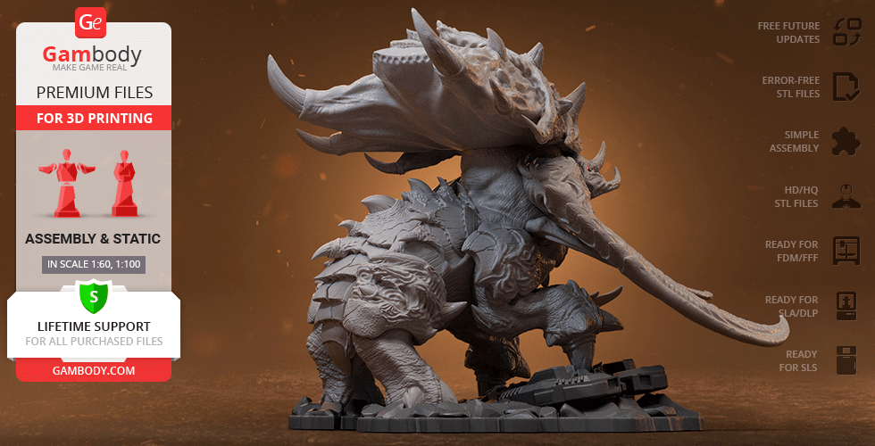 A detailed 3D model of a StarCraft Ultralisk, showcasing its armored body and large tusks for 3D printing.