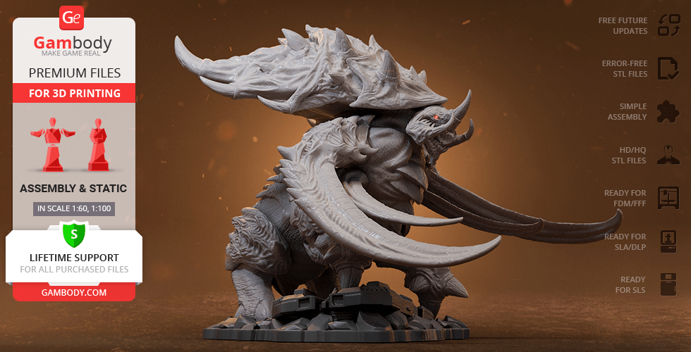 A detailed 3D model of the StarCraft Ultralisk, featuring large tusks and armored plating, on a display base.