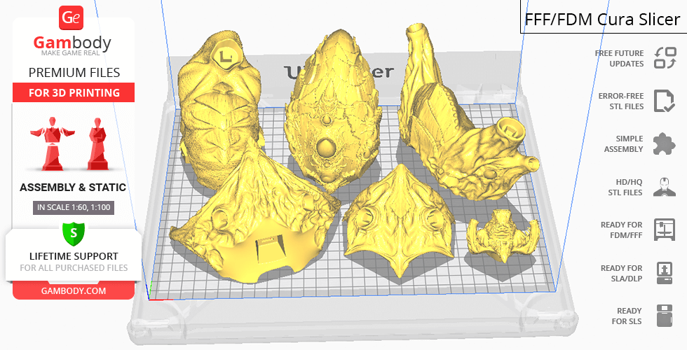 3D printable StarCraft Ultralisk model parts displayed on a virtual build plate.