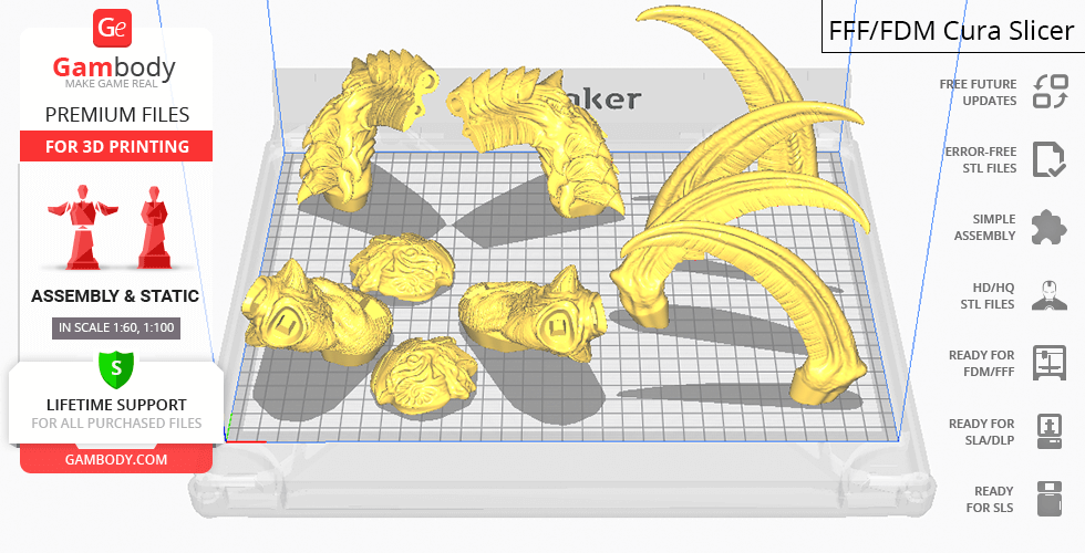 Yellow 3D printable parts of a StarCraft Ultralisk arranged on a grid in a slicer software.