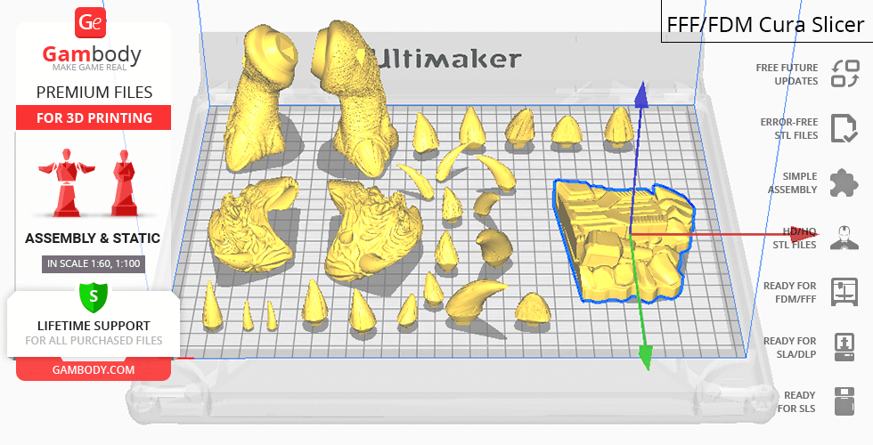3D print layout of StarCraft Ultralisk parts on a build plate, with yellow segmented components.