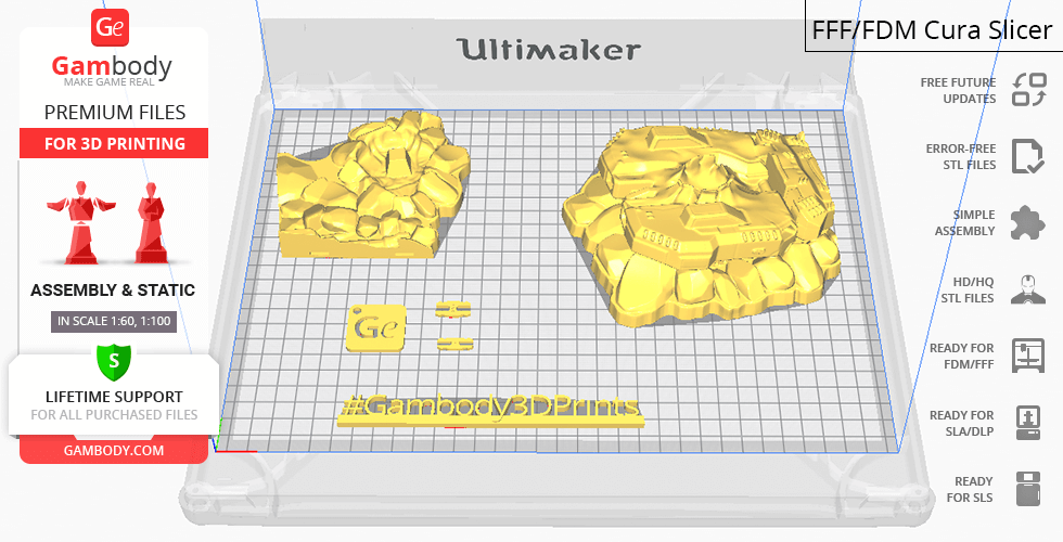 3D printing setup of StarCraft Ultralisk parts on a Cura slicer with Gambody branding.