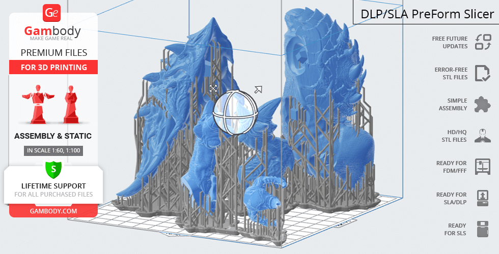 3D model of a StarCraft Ultralisk, prepared for printing with supports in a slicer interface.