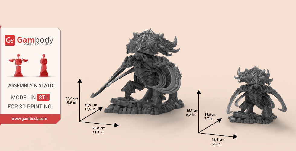 A detailed 3D model of a StarCraft Ultralisk with measurements for 3D printing from Gambody.