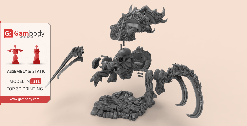 A detailed 3D model of a StarCraft Ultralisk with assembly parts for 3D printing from Gambody.