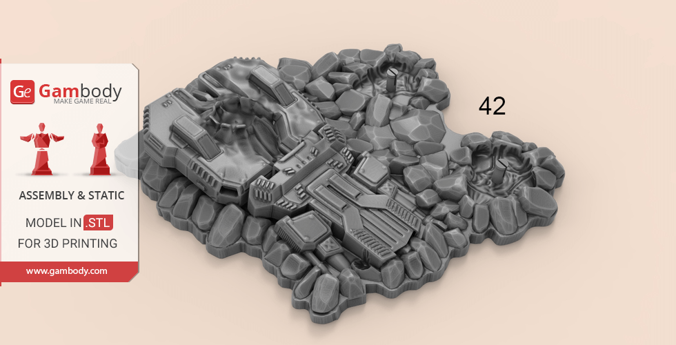A 3D printable Ultralisk base model with rocky terrain, labeled '42' for assembly, from Gambody.