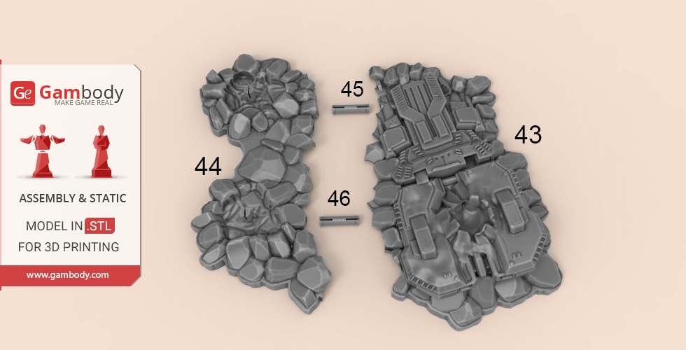 3D print parts for StarCraft Ultralisk model, labeled 43 to 46, displayed on a light background.