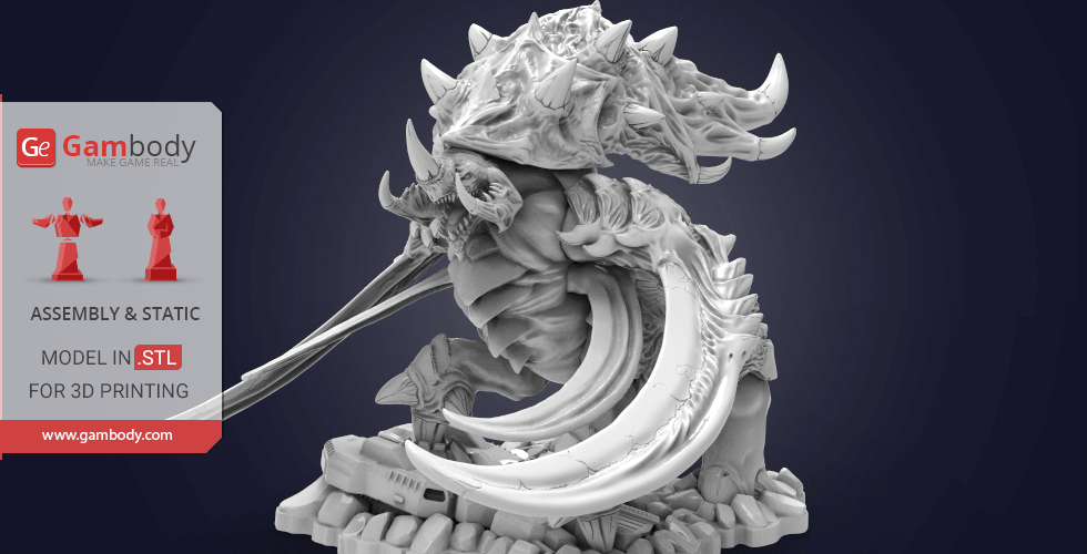 A detailed 3D model of a StarCraft Ultralisk with large tusks and spiky armor, ready for 3D printing.