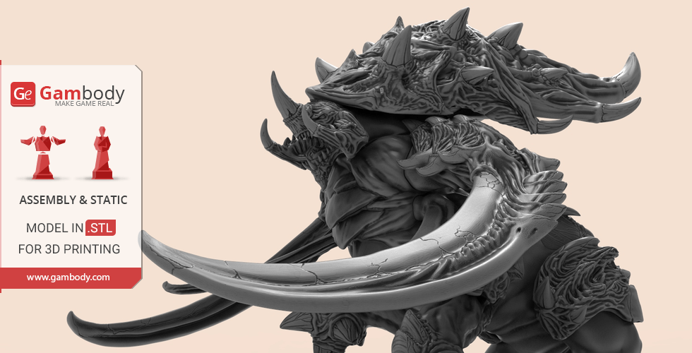 A detailed 3D model of a StarCraft Ultralisk with large tusks, ready for 3D printing via Gambody.