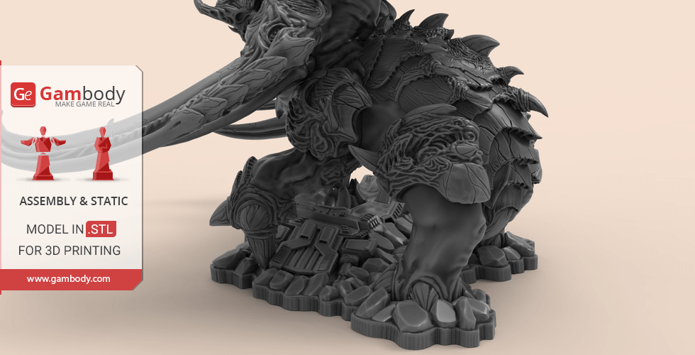A highly detailed, armored Ultralisk creature model from StarCraft for 3D printing on a base.