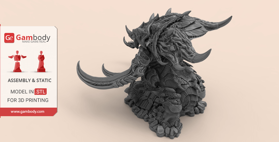 A detailed 3D model of a StarCraft Ultralisk, ready for 3D printing, featuring large tusks and armored plating.