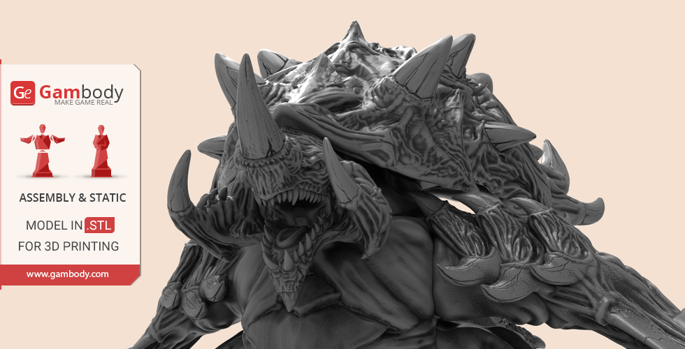 A detailed 3D model of a StarCraft Ultralisk with prominent tusks and armored plating for printing.