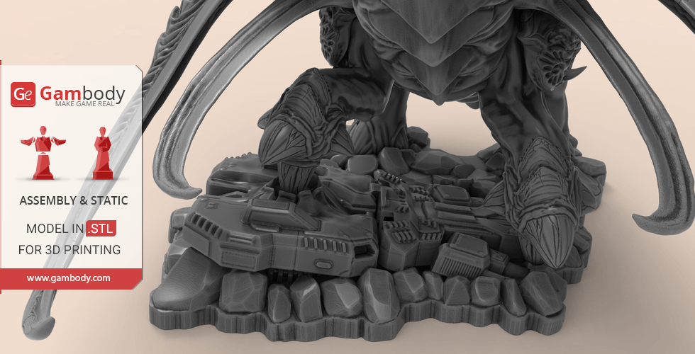 A detailed 3D model of a StarCraft Ultralisk on a rocky base, designed for 3D printing.