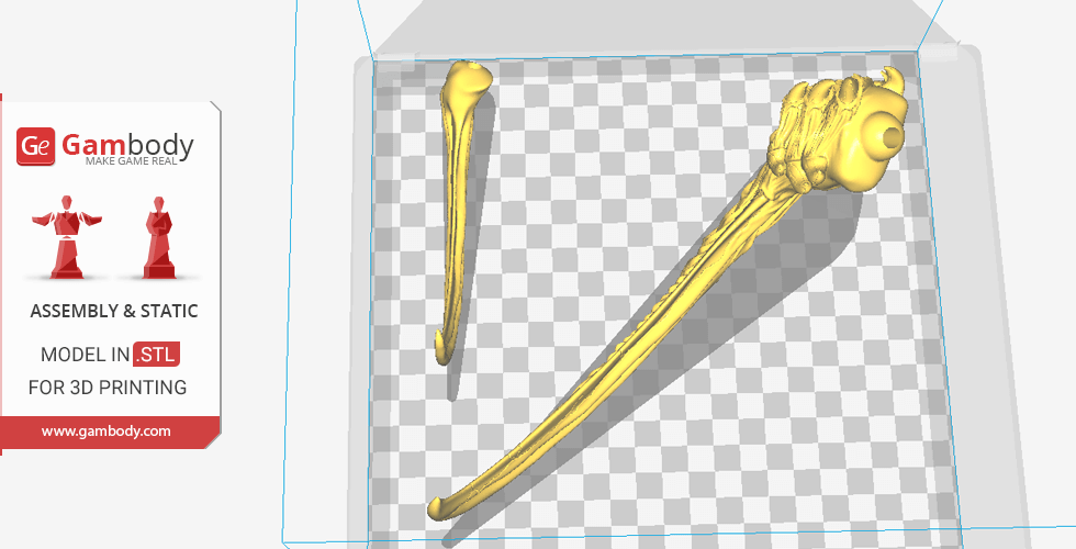 Two jagged, elongated structures in a 3D printing preview platform.
