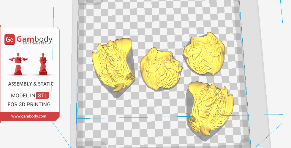 Four yellow 3D-printed Ultralisk head pieces on a checkered grid background.