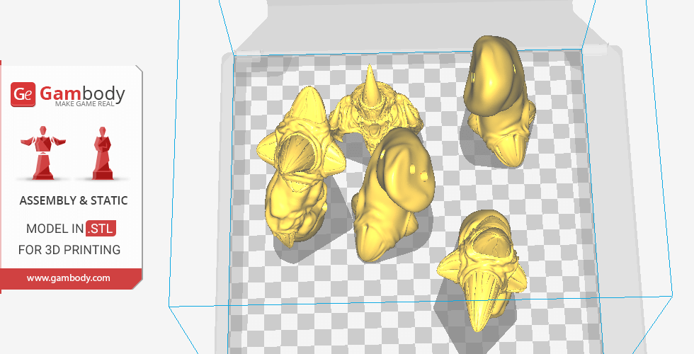 Six yellow 3D print files of StarCraft Ultralisk parts on a checkered platform.