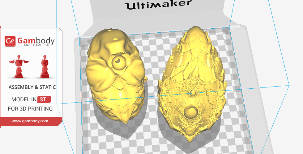 Two yellow 3D model components of a StarCraft Ultralisk in a 3D printing software interface.