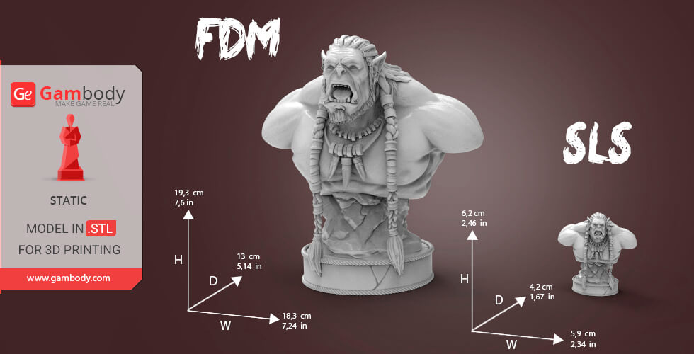 Orc bust model with detailed braids and beads, available in FDM and SLS formats for 3D printing.