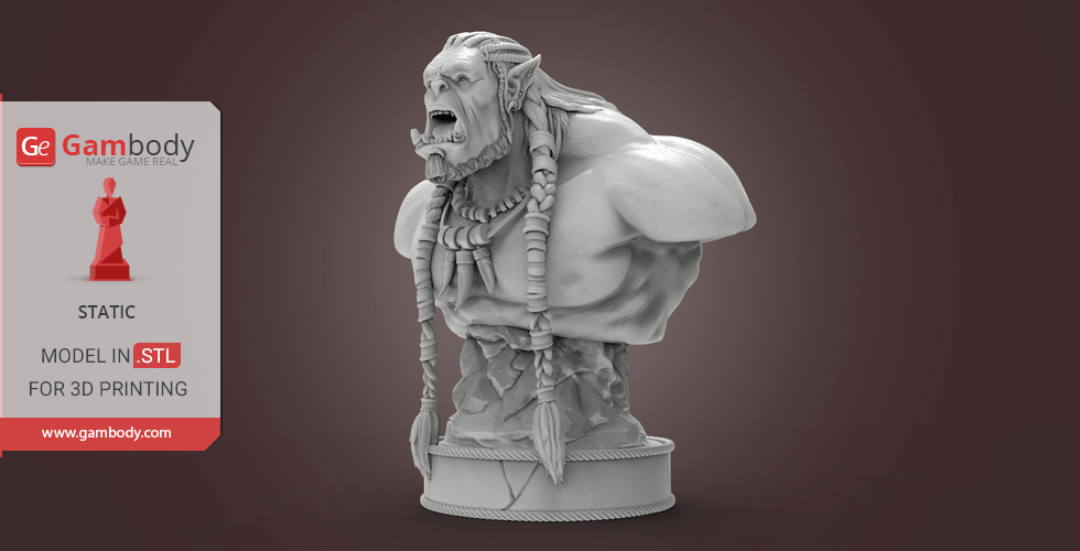 A detailed bust of an orc with braids and tusks, suitable for 3D printing.