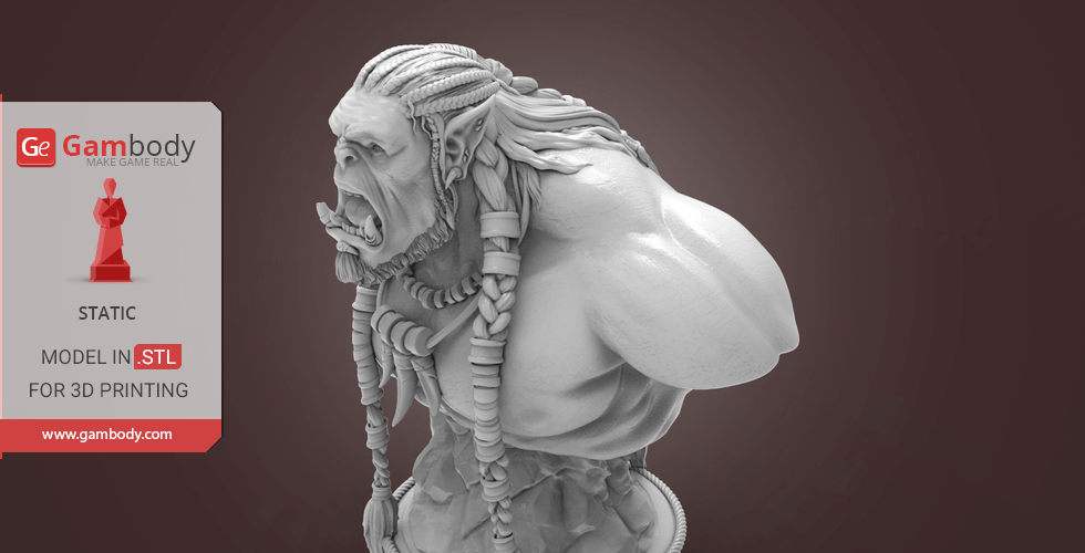 3D model of Durotan bust showing a muscular figure with braided hair and fierce expression.
