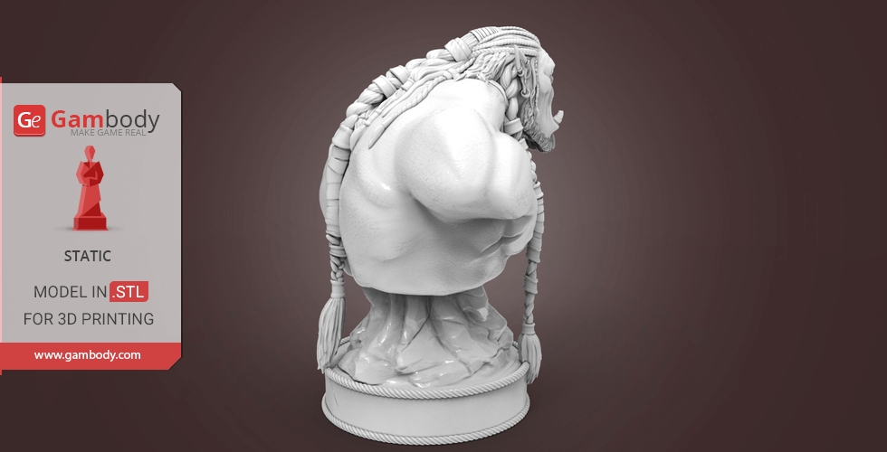 3D-printed bust of a muscular orc with braided hair, viewed from the back.