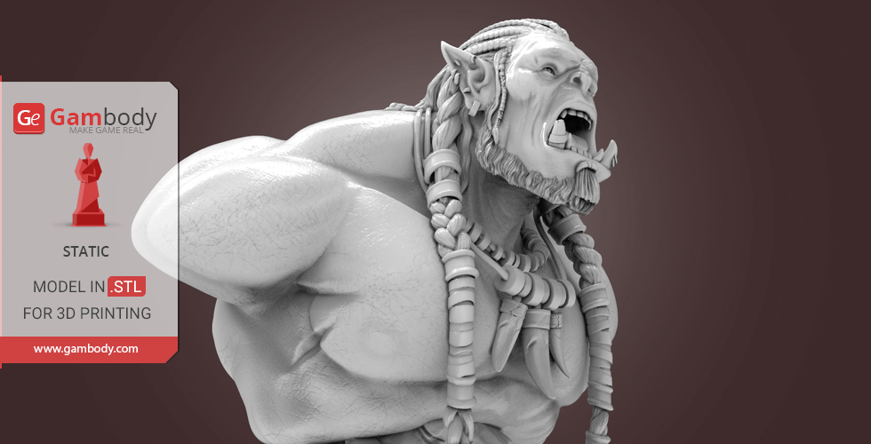 Detailed 3D bust of an orc-like character with braided hair and fierce expression, ready for 3D printing.
